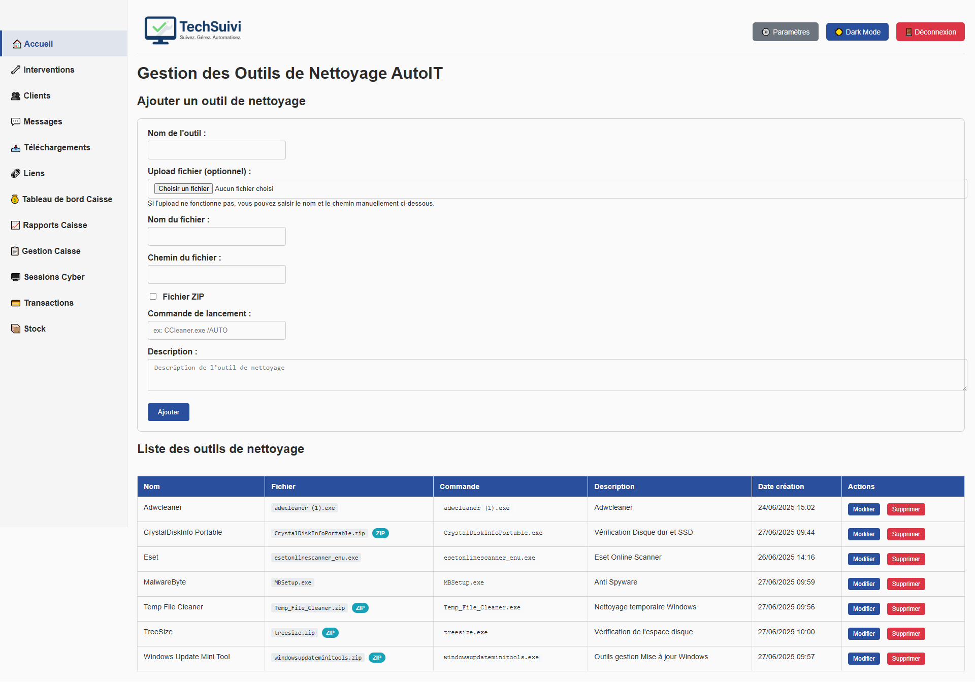 Gestion des outils de nettoyage